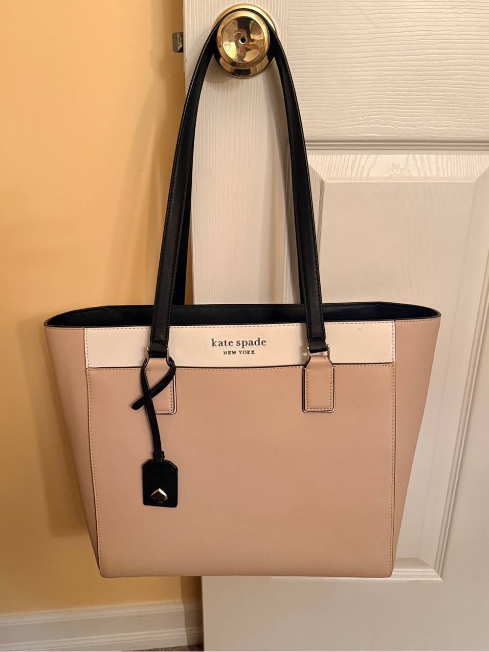 kate spade Brown/Tan and Black Leather Computer Tote with Cream Accent